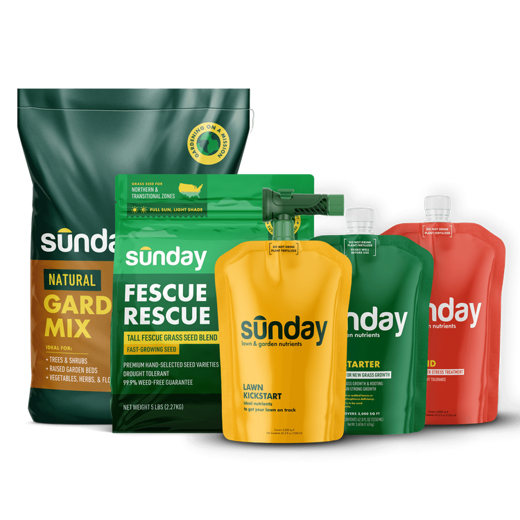 Start Your Lawn from Scratch Kit includes: Fescue Rescue Grass Seed, Lawn Starter, Lawn Kickstart, Natural Garden Soil Mix, Lawn Aid, and NEW Replacement Sprayer