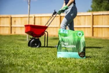 granular lawn fertilizer applied with a drop spreader to lawn