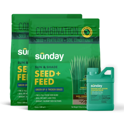 Weed, Seed & Feed Your Lawn Kit includes: Dandelion Doom Herbicide Concentrate Refill, Sunday Herbicide Pouch, Motorized Wand Sprayer, and Sun & Shade Feed + Seed