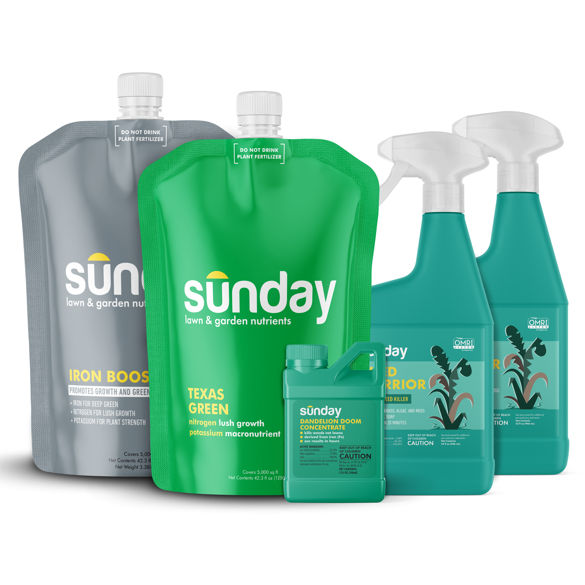 Texas Green Lawn Kit includes: Texas Green, Iron Boost, NEW Replacement Sprayer, Dandelion Doom Herbicide Concentrate Refill, Sunday Herbicide Pouch, Motorized Wand Sprayer, and Weed Warrior Herbicide Spot Treatment