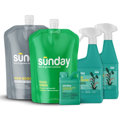 Texas Green Lawn Kit includes: Texas Green, Iron Boost, NEW Replacement Sprayer, Dandelion Doom Herbicide Concentrate Refill, Sunday Herbicide Pouch, Motorized Wand Sprayer, and Weed Warrior Herbicide Spot Treatment