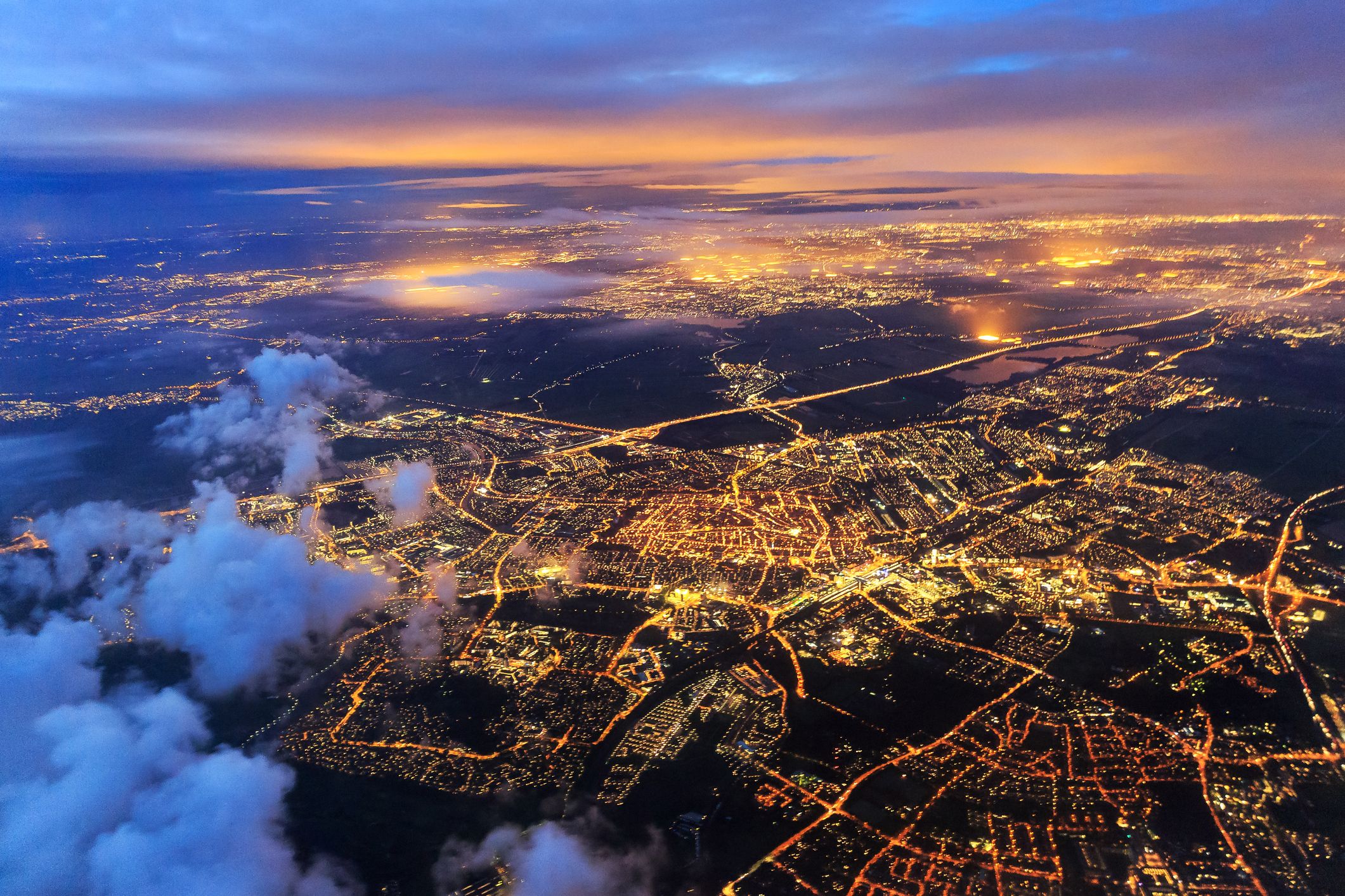 Bird's eye view of a bright city at night