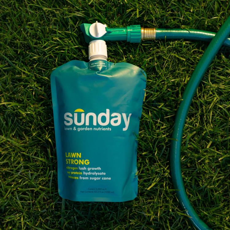 Lawn Strong Liquid Lawn Fertilizer with hose and hose end sprayer attached