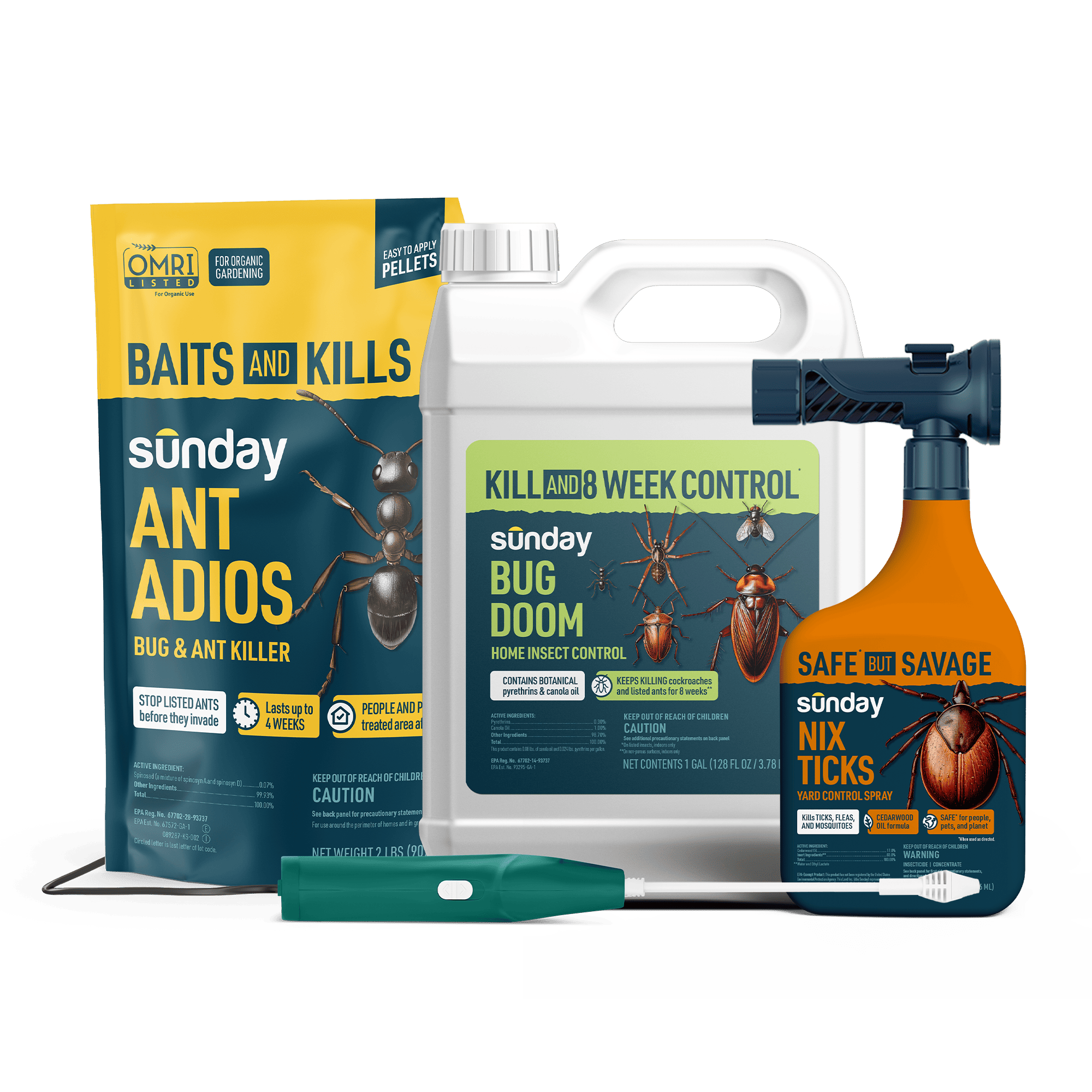 Crawling Pest Protection Kit includes: Nix Ticks Bug Control Spray, Ant Adios Insect & Ant Killer, Motorized Wand Sprayer, and Bug Doom Home Barrier Spray