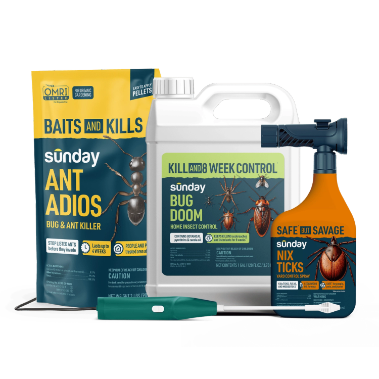 Crawling Pest Protection Kit includes: Nix Ticks Bug Control Spray, Ant Adios Insect & Ant Killer, Motorized Wand Sprayer, and Bug Doom Home Barrier Spray