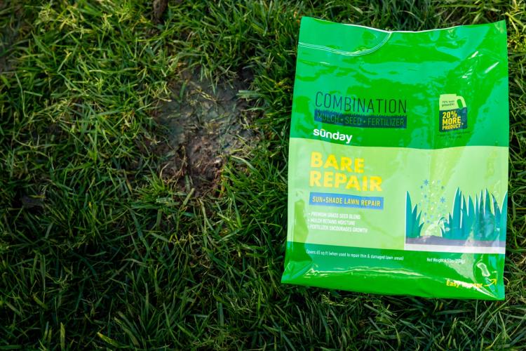 Bare Repair bag on grass lawn next to a bare spot