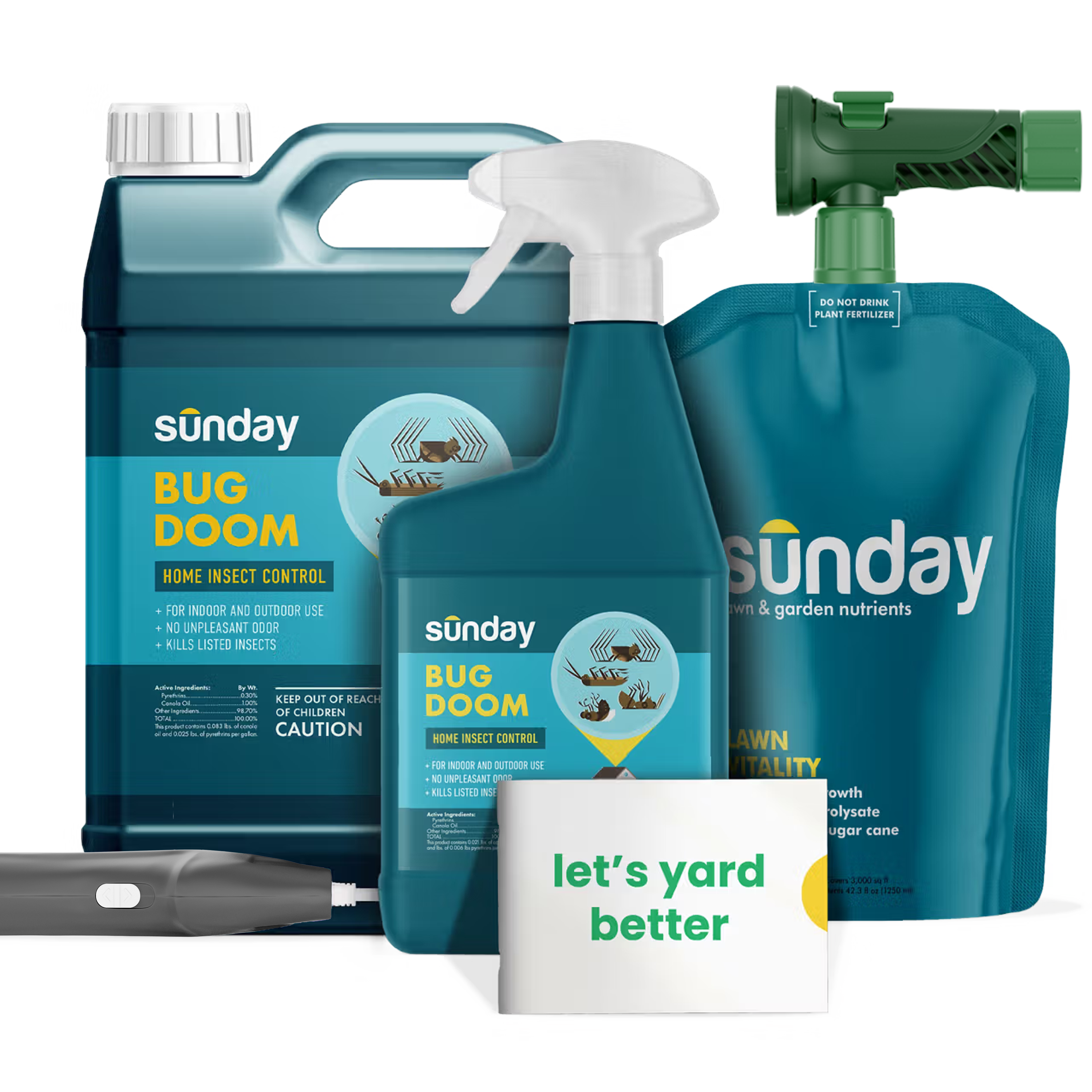 Lawn & Home Insect Control Pest Kit includes: Bug Doom Indoor Insect Spray, Motorized Wand Sprayer, Bug Doom Home Barrior Spray, NEW Replacement Sprayer, and Lawn Vitality
