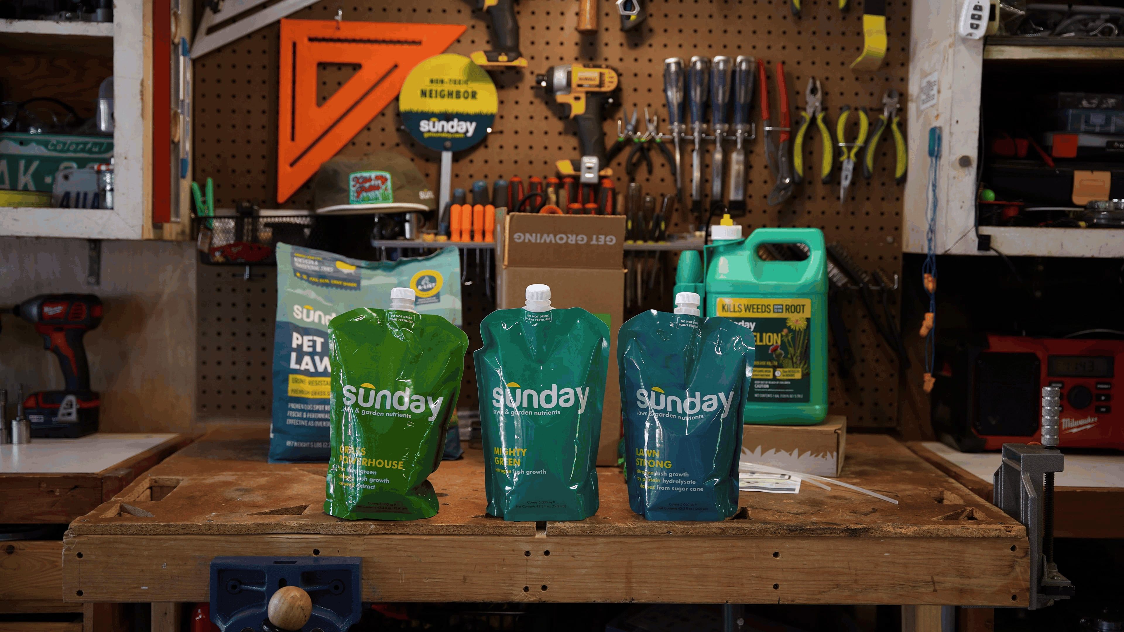 Sunday liquid lawn fertilizer in garage signifying unused product or leftover pouches