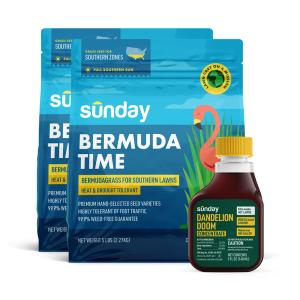 Bermudagrass Seed & Weed Lawn Kit includes: Dandelion Doom Herbicide Concentrate Refill, Sunday Herbicide Pouch, Wand Sprayer, and Pet Lawn Grass Seed