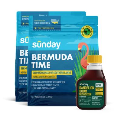 Bermudagrass Seed & Weed Lawn Kit includes: Dandelion Doom Herbicide Concentrate Refill, Sunday Herbicide Pouch, Wand Sprayer, and Pet Lawn Grass Seed