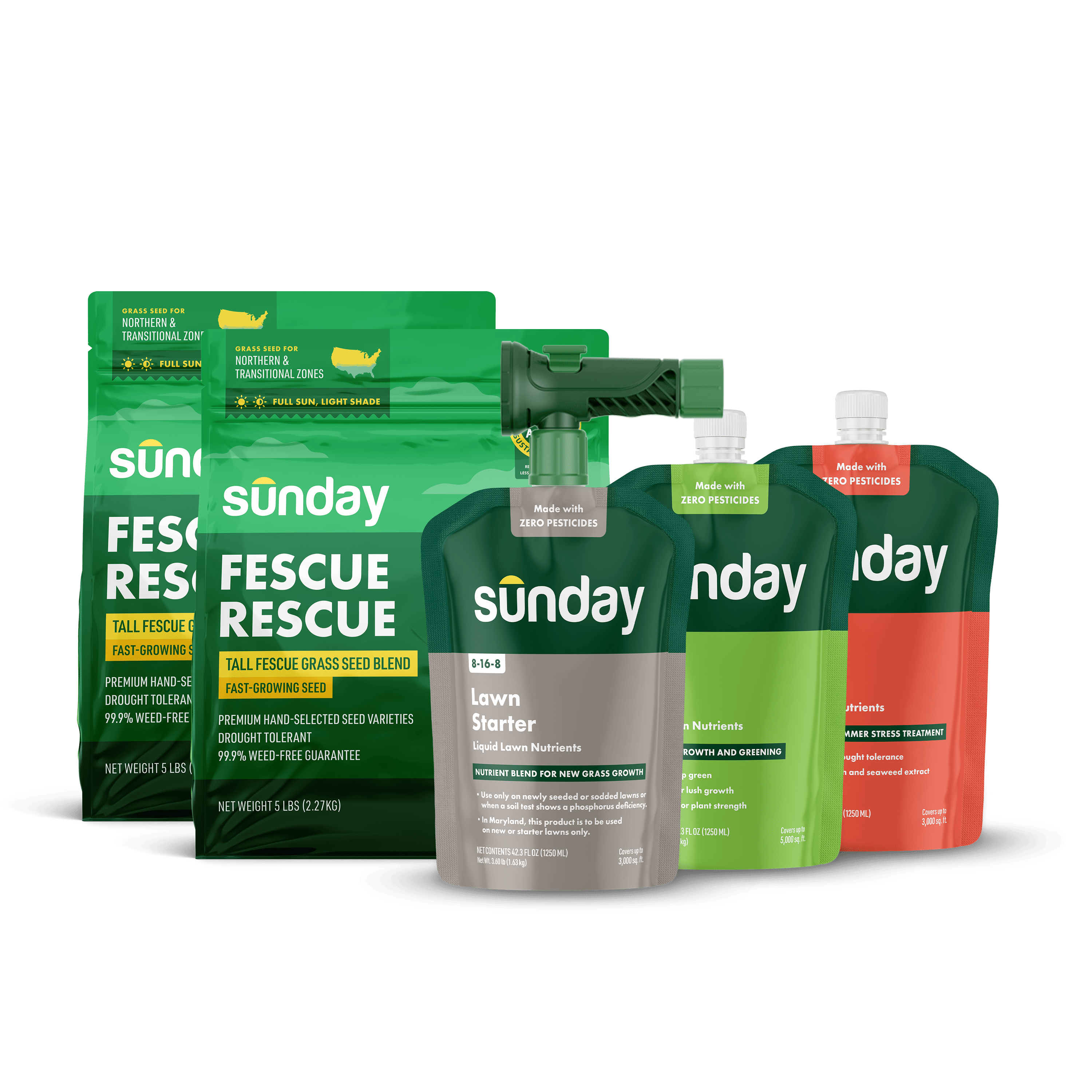 Sunday Start Your Lawn from Scratch Kit with grass seed bags and liquid fertilizer pouches