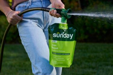 Close-up of a person using a hose-end sprayer pouch of Sunday “Iron Boost” liquid lawn nutrients, spraying a fine mist onto a lawn.