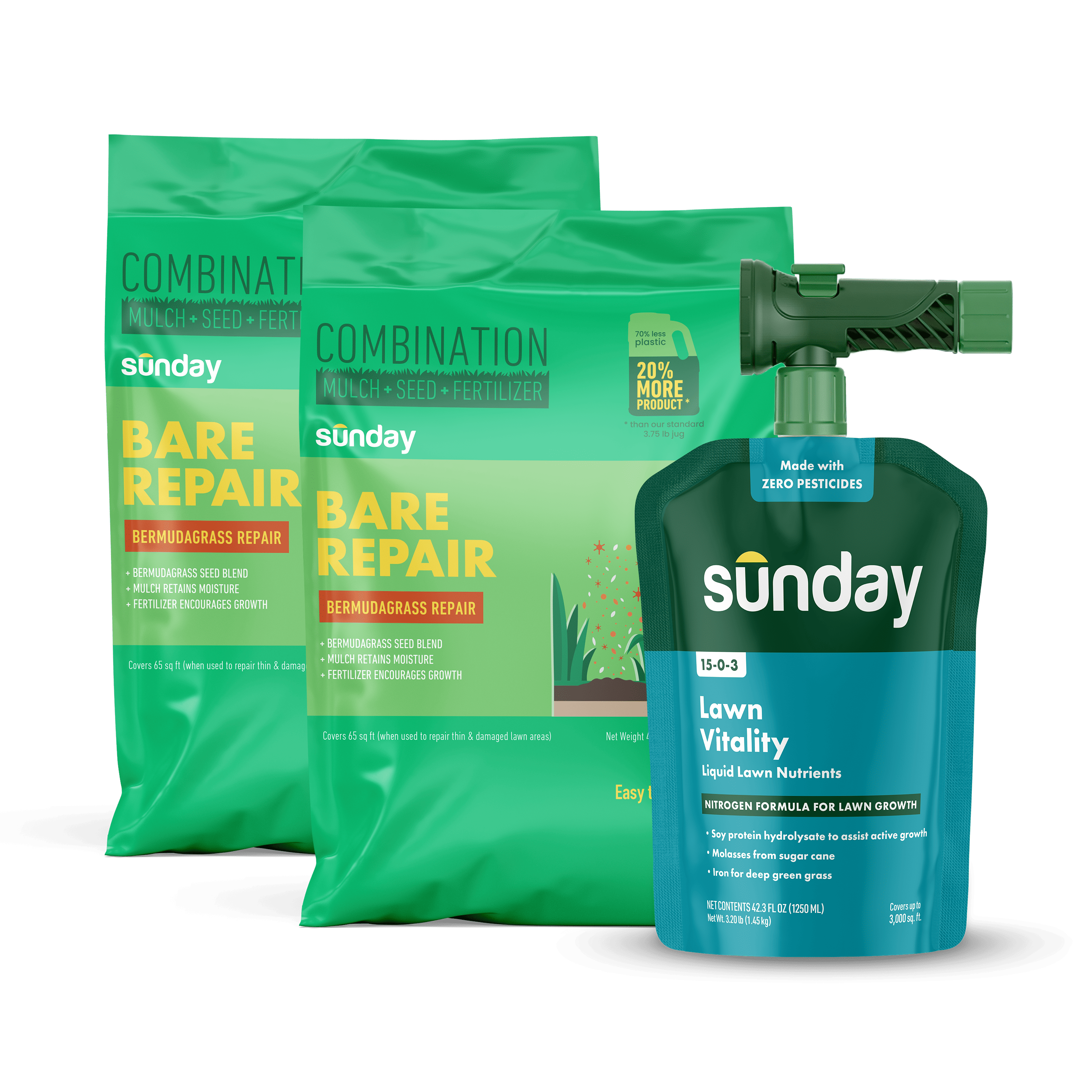 Bermudagrass Patch Kit for Common Bermudagrass Lawns includes: Bare Repair Bermudagrass Lawn Treatment + Grass Seed, Lawn Vitality, and NEW Replacement Sprayer