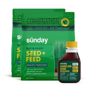 Weed, Seed & Feed Your Lawn Kit includes: Dandelion Doom Herbicide Concentrate Refill, Sunday Herbicide Pouch, Motorized Wand Sprayer, and Sun & Shade Feed + Seed