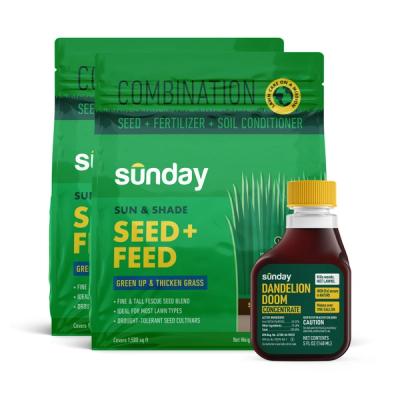 Weed, Seed & Feed Your Lawn Kit includes: Dandelion Doom Herbicide Concentrate Refill, Sunday Herbicide Pouch, Motorized Wand Sprayer, and Sun & Shade Feed + Seed