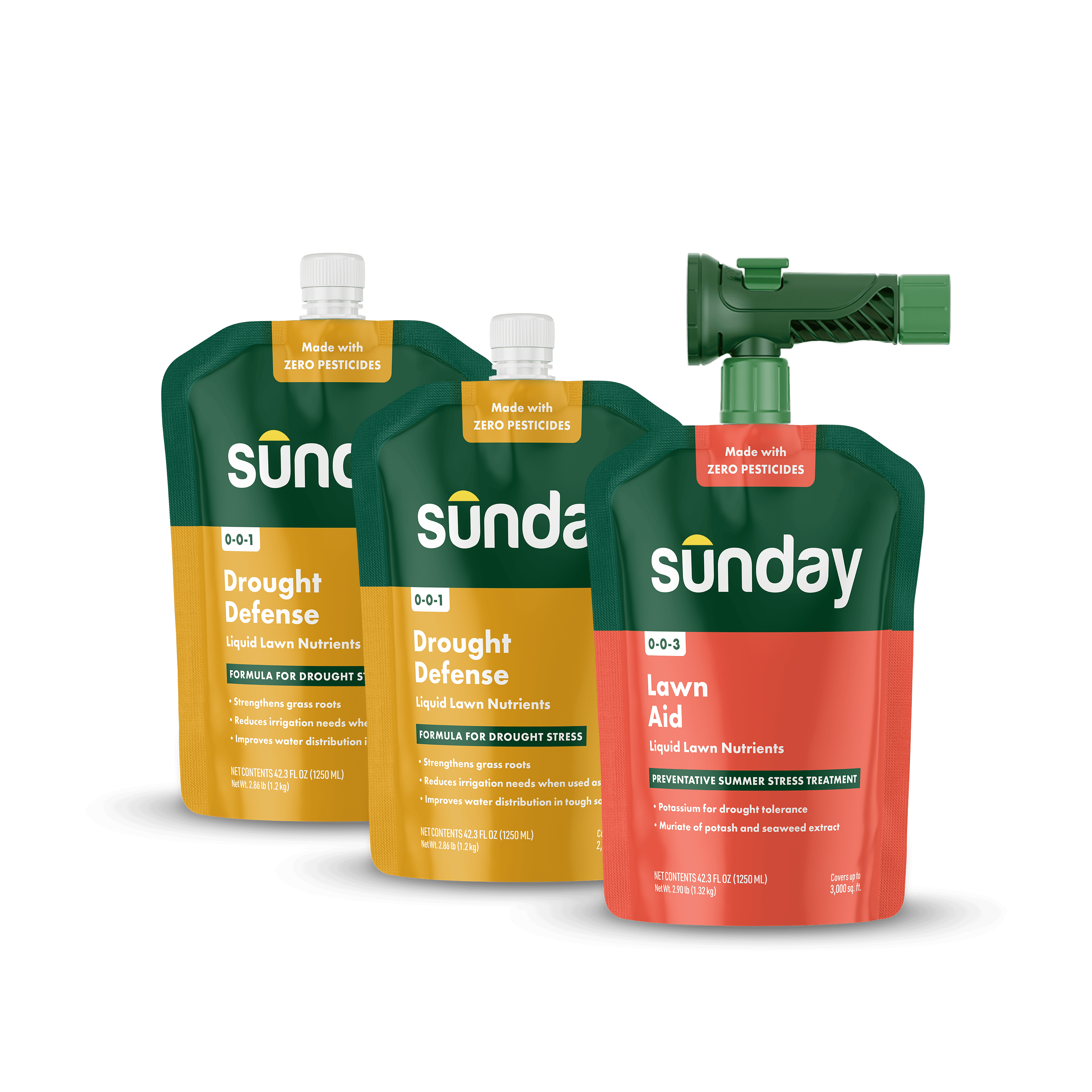Summer Heat & Drought Defense Kit includes: Lawn Aid Heat Stress Prevention Treatment, Drought Defense, and NEW Replacement Sprayer