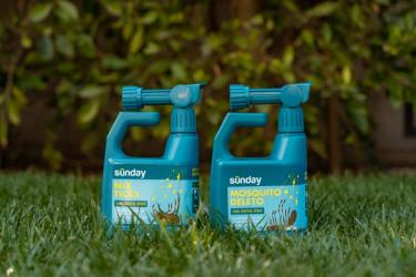Sunday Mosquito Deleto and Nix Ticks pest control products near shrubs
