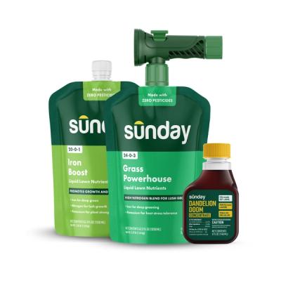 Spring Starter Kit includes: Dandelion Doom Herbicide Concentrate Refill, Iron Boost, Motorized Wand Sprayer, NEW Replacement Sprayer, Sunday Herbicide Pouch, Grass Powerhouse