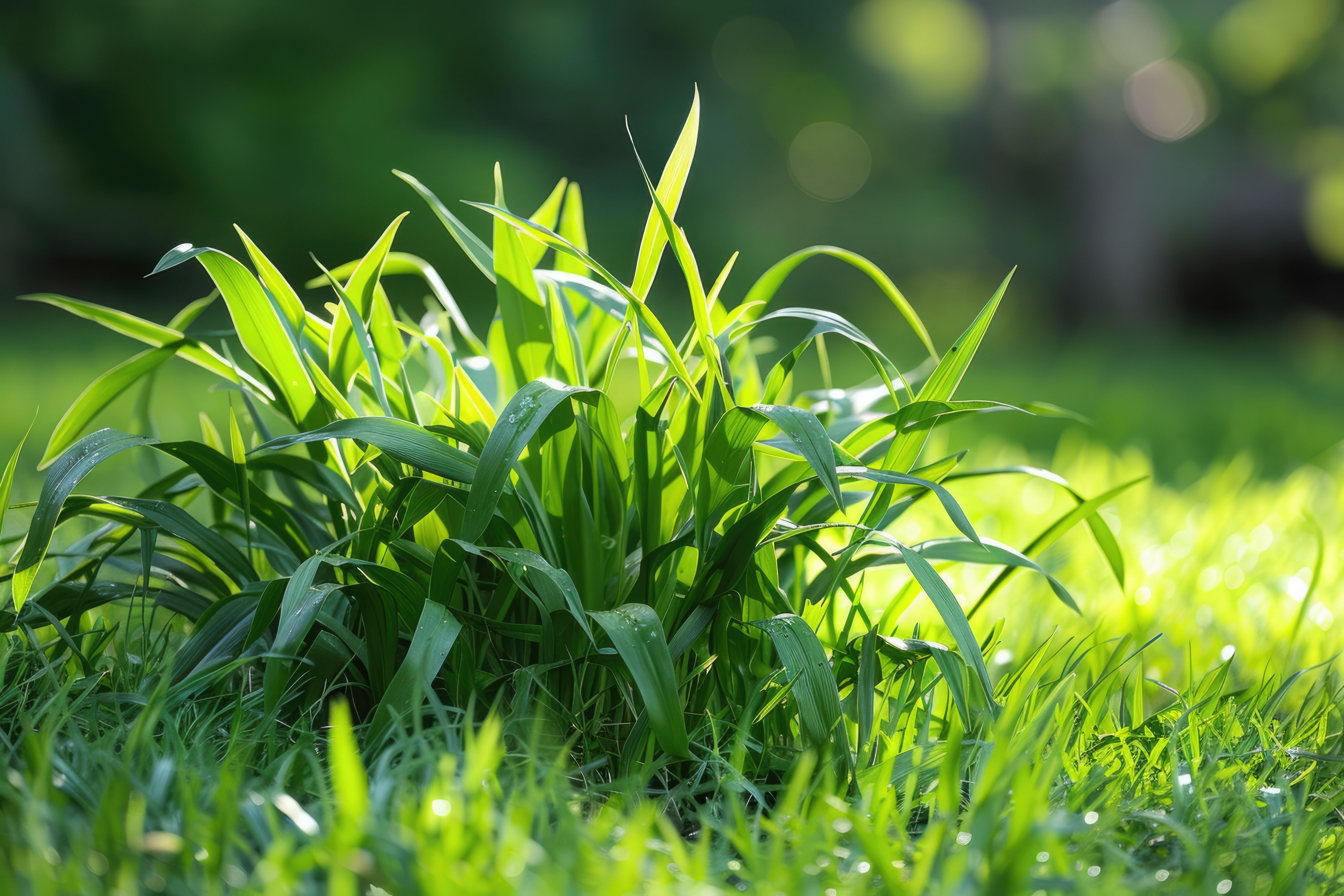 Close-up of crabgrass growing in a lawn, the wide flat blades spreading outward from a single clump surrounded by fine turf grass.