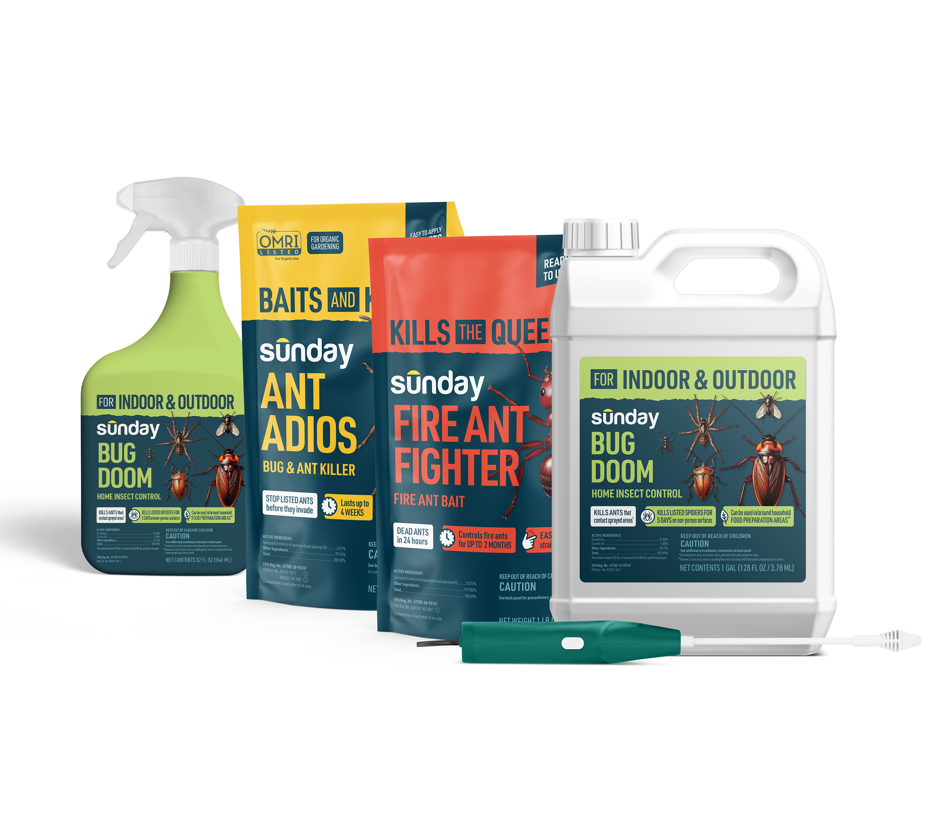 Bug doom (indoor & outdoor) and ant adios and fire ant fighter