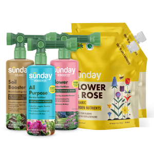 Complete Flower Fertilizer Kit includes: Flower & Rose Organic Garden Fertilizer, Sunday Organics Soil Booster, WonderFert Flower Garden Fertilizer, WonderFert All-Purpose, and Hose End Garden Sprayer (Rigid)