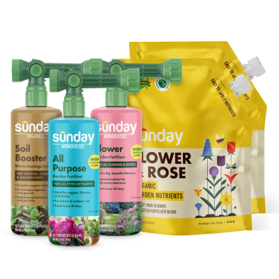 Complete Flower Fertilizer Kit includes: Flower & Rose Organic Garden Fertilizer, Sunday Organics Soil Booster, WonderFert Flower Garden Fertilizer, WonderFert All-Purpose, and Hose End Garden Sprayer (Rigid)