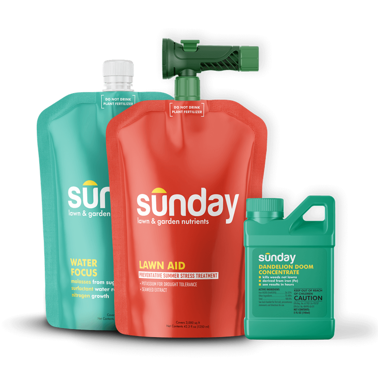 Summer Heat Defense Kit includes: Dandelion Doom Herbicide Concentrate Refill, Sunday Herbicide Pouch, Motorized Wand Sprayer, NEW Replacement Sprayer, Lawn Aid Heat Stress Prevention Treatment, and Water Focus