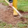 A homeowner removing turfgrass with a shovel