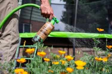 Man applying Soil Booster to flower garden in yard