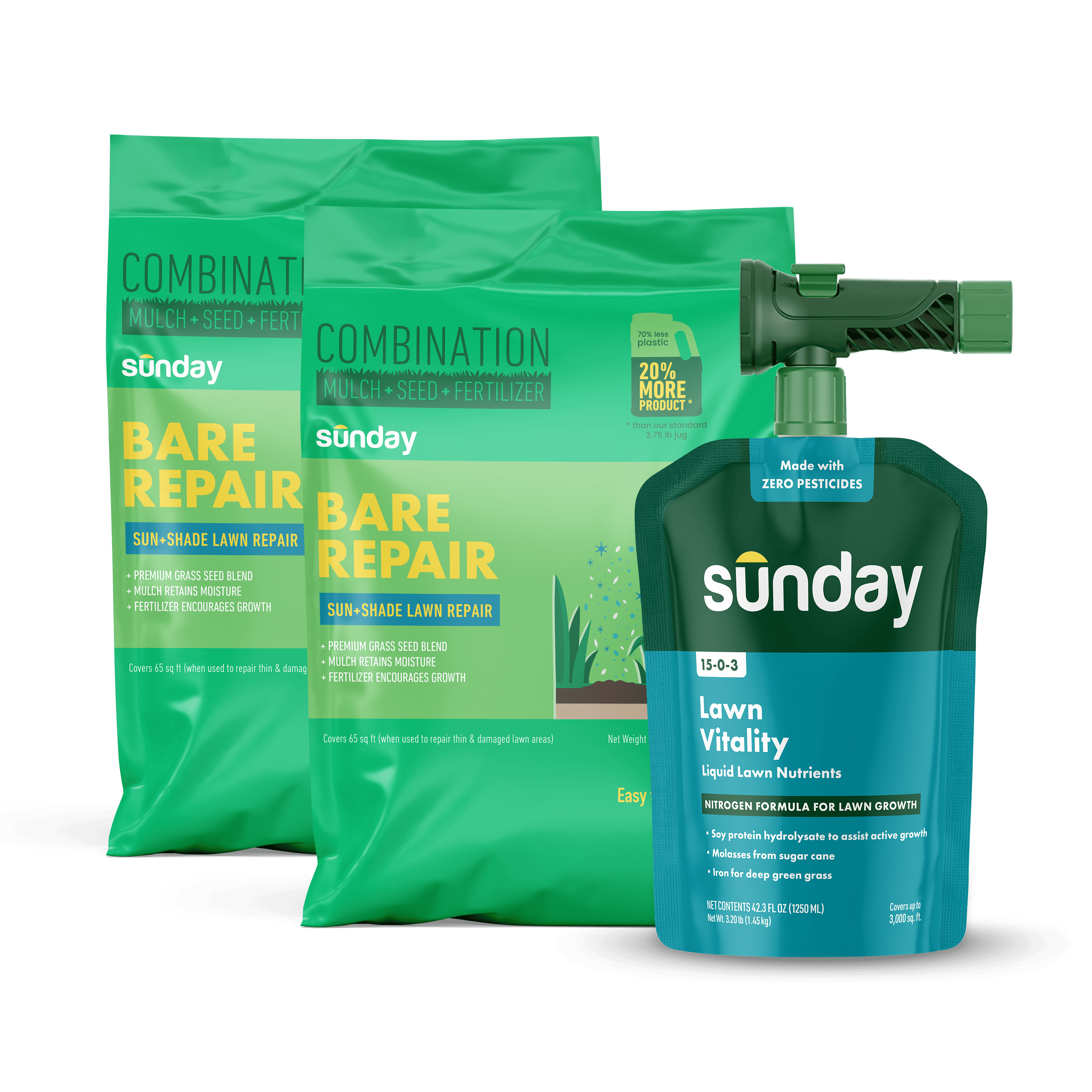 Fescue Grass Patch Kit includes: Bare Repair Sun + Shade Lawn Treatment + Grass Seed, Lawn Vitality, and NEW Replacement Sprayer