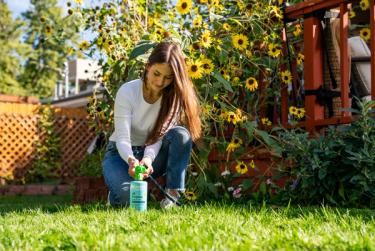 Woman attaching hose to WonderFert All-Purpose plant food in landscaped garden