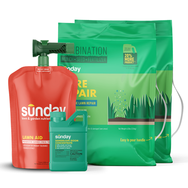 Cool-season Weed, Seed, & Feed Kit includes: Bare Repair Sun + Shade Lawn Treatment + Grass Seed, Lawn Aid, Dandelion Doom Herbicide Concentrate Refill, Sunday Herbicide Pouch, Wand Sprayer, and NEW Replacement Sprayer