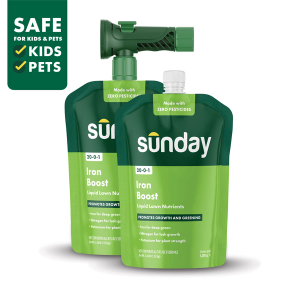 Sunday Iron Boost liquid iron fertilizer for lawn with hose end sprayer and two pouches for deep greening