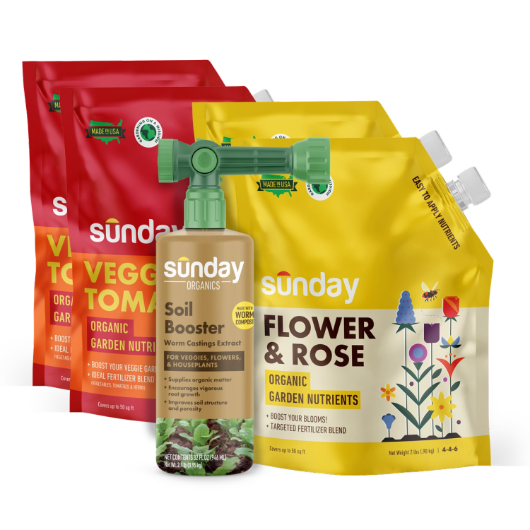 2 bags of Flower & Rose, 1 bottle of Soil Booster, 2 bags of Veggie & Tomato