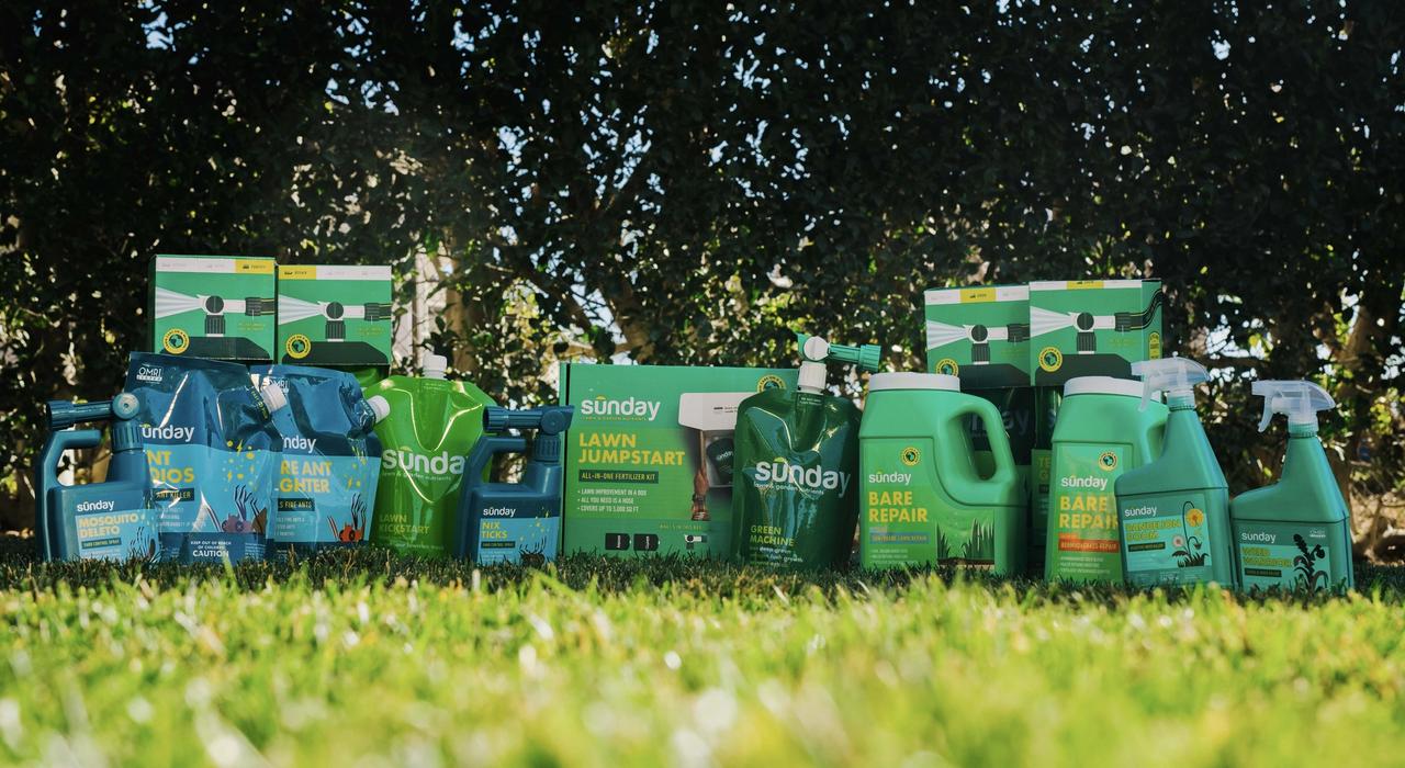 Sunday lawn, pest and garden product assortment lined up on lawn