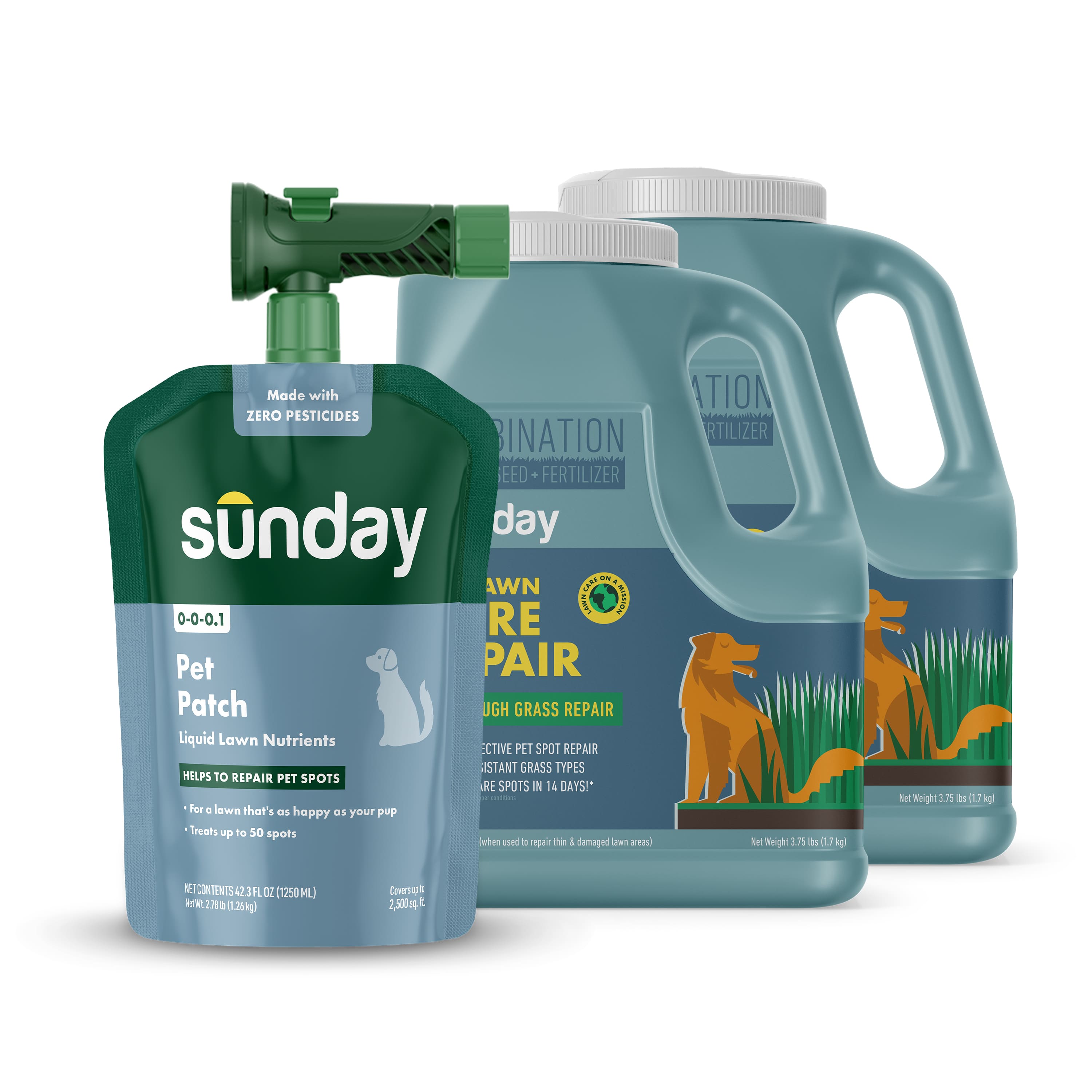 Pet Patch Kit includes: Pet Lawn Bare Repair, Pet Patch, and NEW Replacement Sprayer