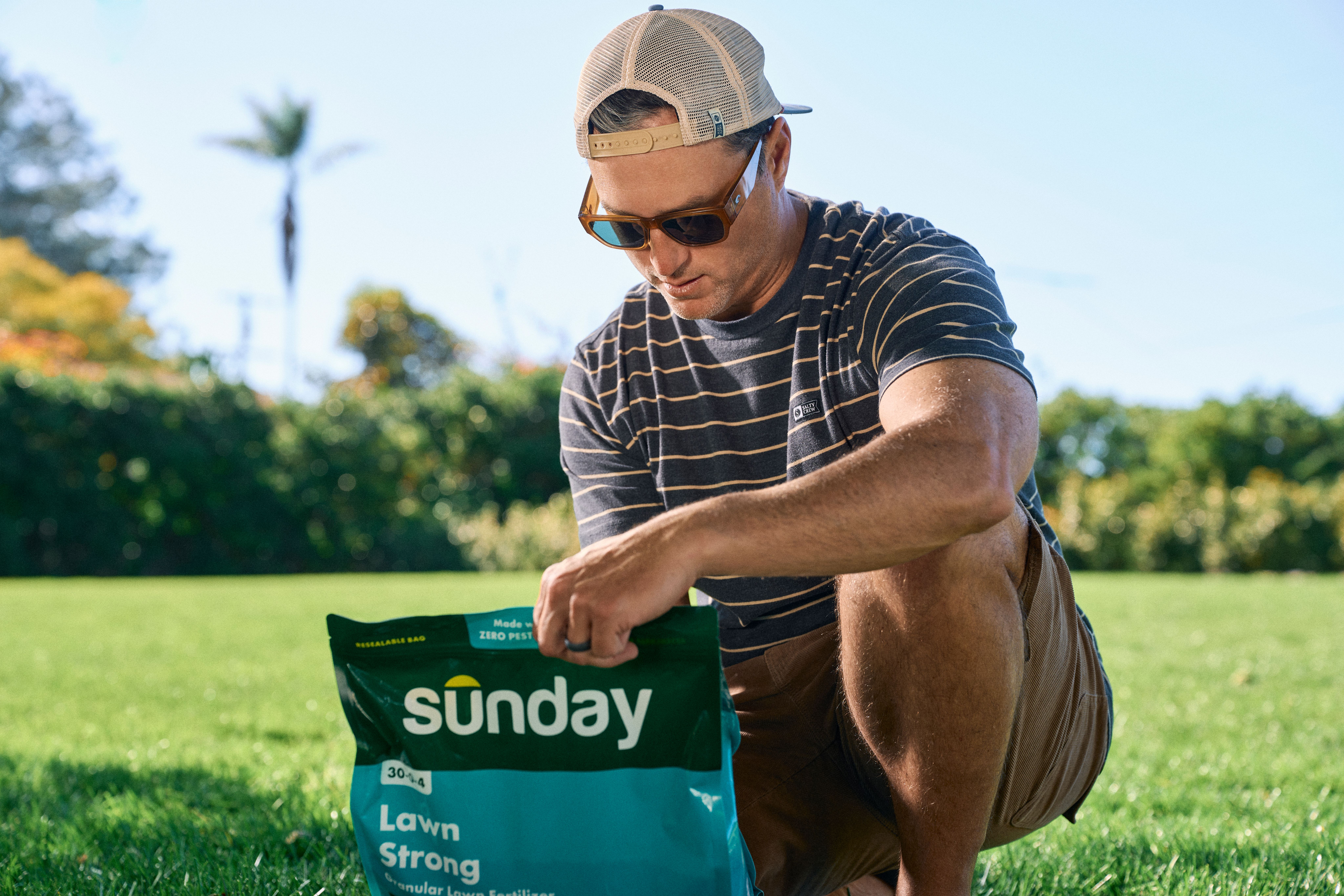 Person kneeling on a sunny lawn opening a green Sunday “Lawn Strong” fertilizer bag.