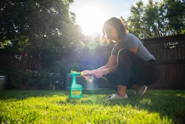 Woman attaching Weed & Green sprayer to hose