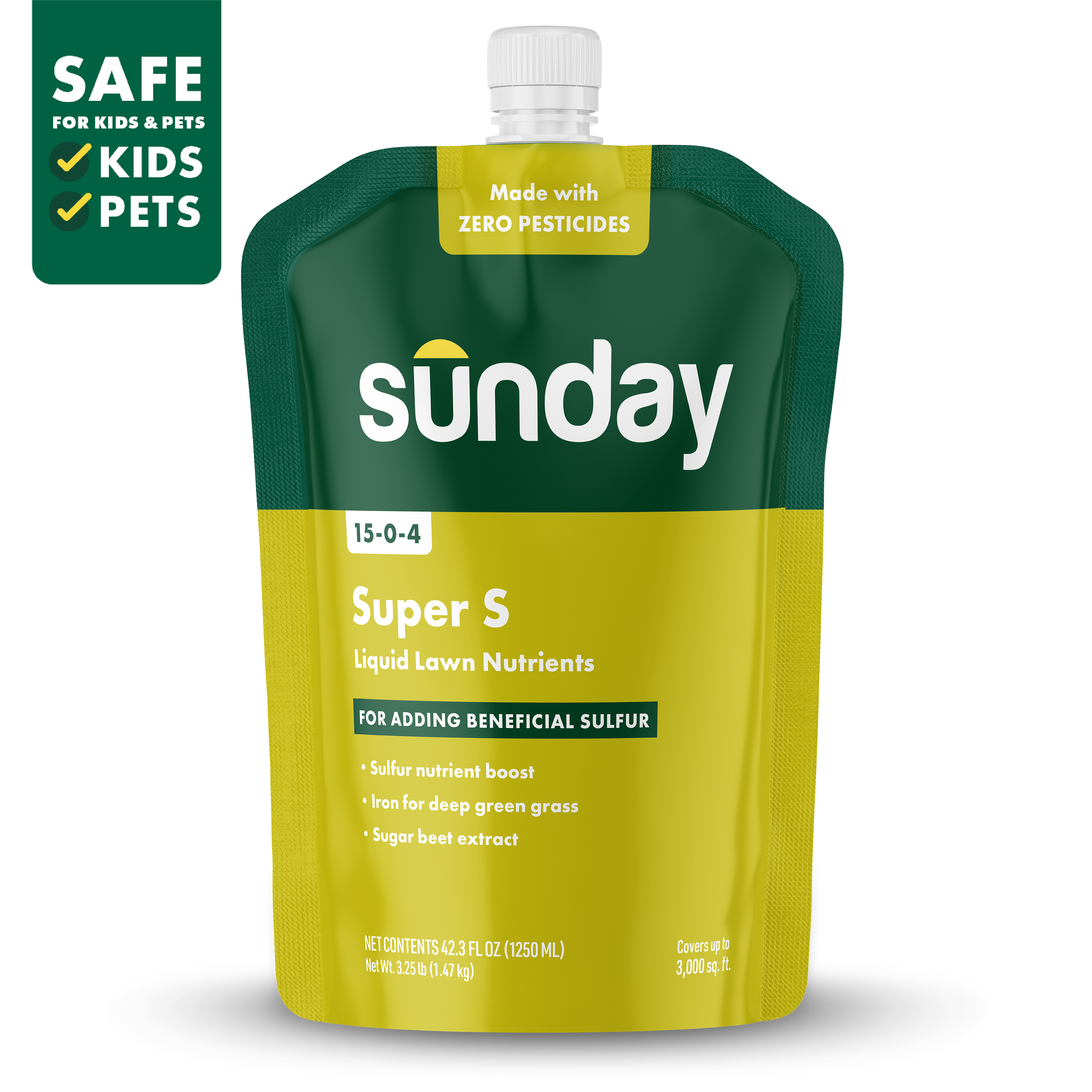 Sunday Super S liquid sulfur fertilizer for lawn pouch with hose-end sprayer on green grass