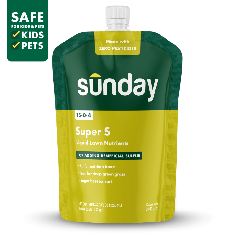 Sunday Super S liquid sulfur fertilizer for lawn pouch with hose-end sprayer on green grass