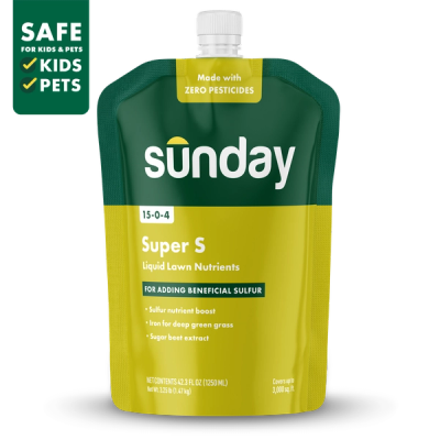 Sunday Super S liquid sulfur fertilizer for lawn pouch with hose-end sprayer on green grass