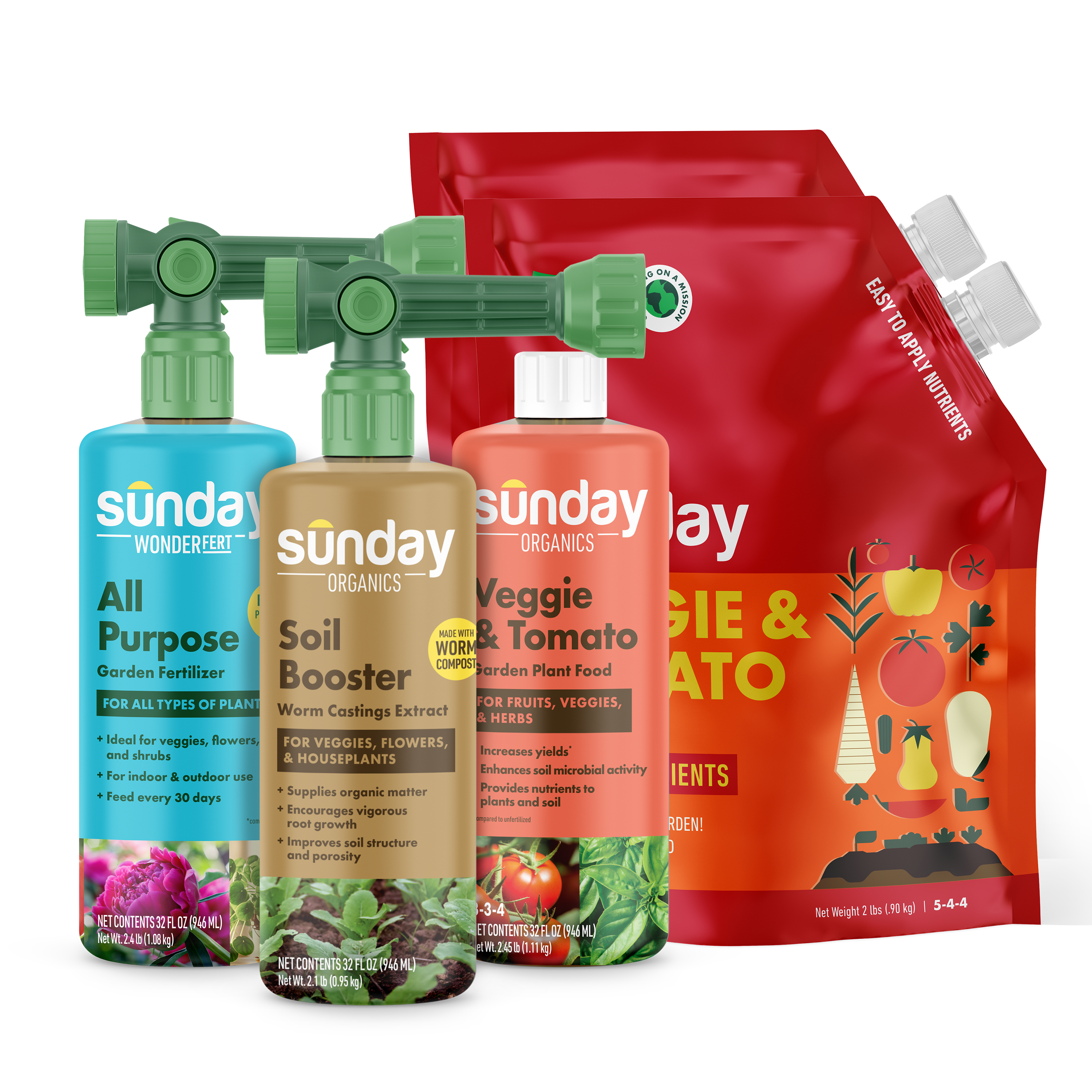 Complete Vegetable Fertilizer Kit includes: Veggie & Tomato Organic Garden Fertilizer, Sunday Organics Soil Booster, Sunday Organics Veggie & Tomato, WonderFert All-Purpose, and Hose End Garden Sprayer (Rigid)