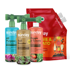 Complete Vegetable Fertilizer Kit includes: Veggie & Tomato Organic Garden Fertilizer, Sunday Organics Soil Booster, Sunday Organics Veggie & Tomato, WonderFert All-Purpose, and Hose End Garden Sprayer (Rigid)
