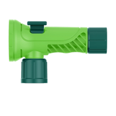 Light green hose-end sprayer attachment with dark green adjustment slider, nozzle cap, and connector on a white background.