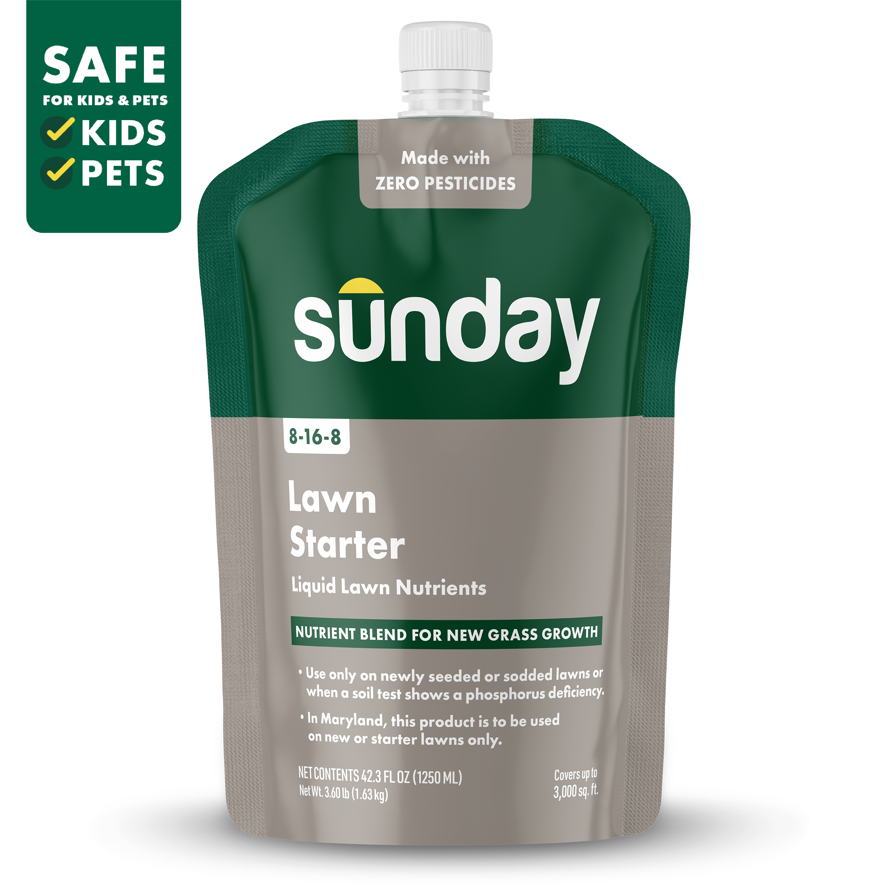 Sunday Lawn Starter Liquid Fertilizer 42 fl oz pouch with hose end sprayer for new grass and overseeding