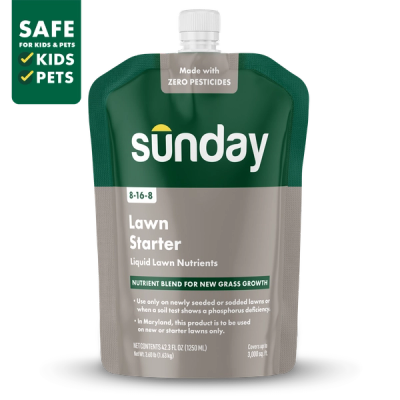 Sunday Lawn Starter Liquid Fertilizer 42 fl oz pouch with hose end sprayer for new grass and overseeding