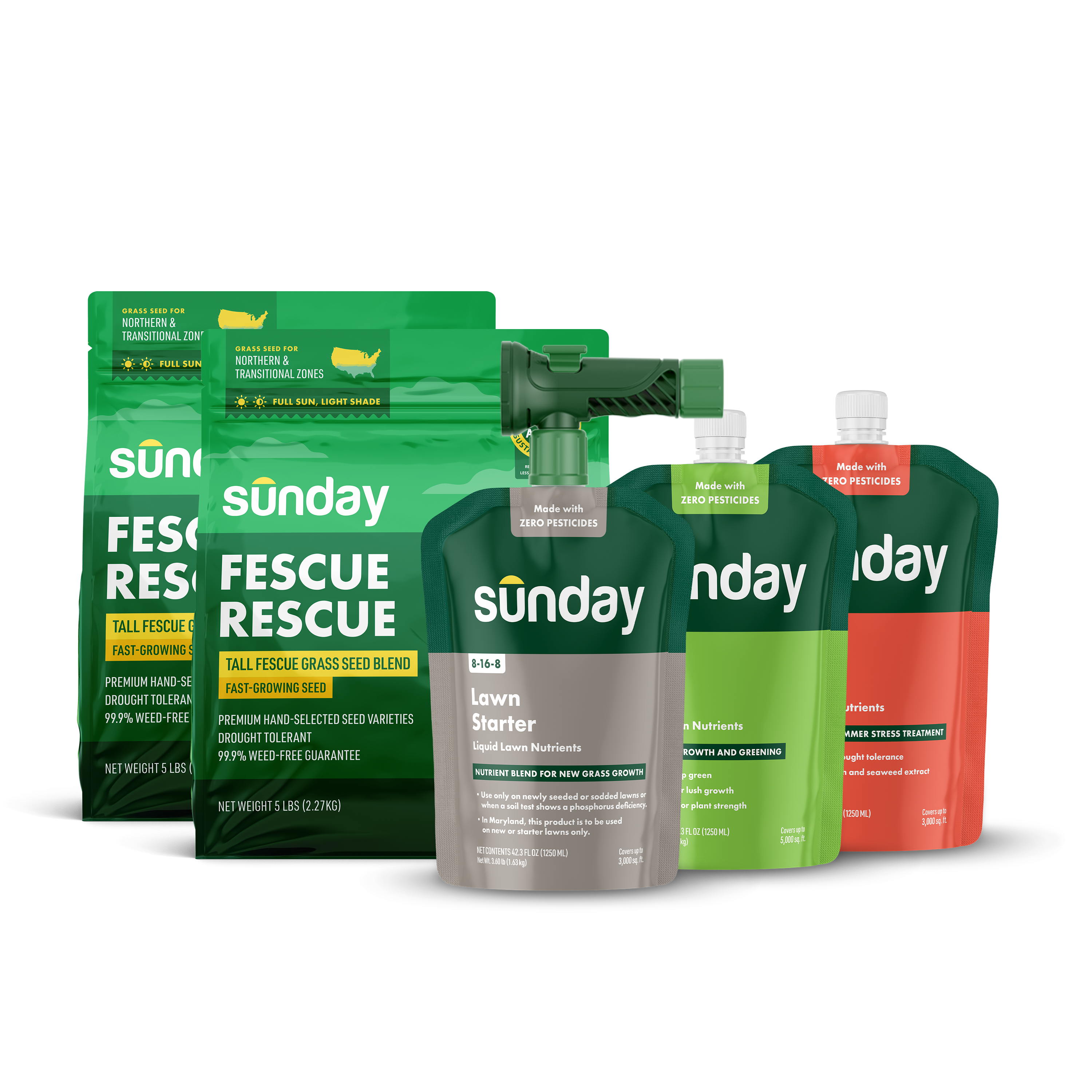 Start Your Lawn from Scratch Kit includes: Fescue Rescue Grass Seed, Lawn Starter, Lawn Kickstart, Lawn Aid, and NEW Replacement Sprayer