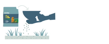Illustration of filling seed spreader and spreading Sunday Pet Lawn Grass Seed