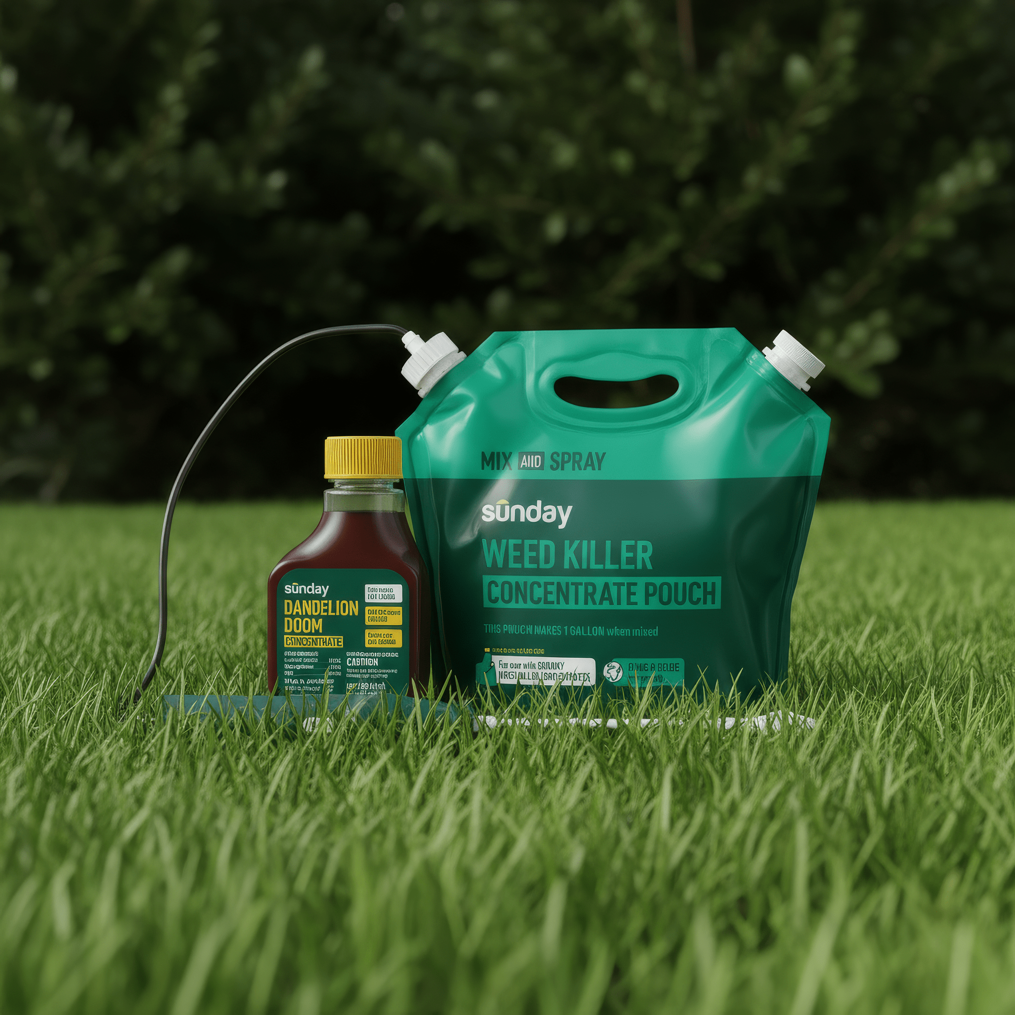 Sunday Dandelion Doom concentrate bottle and Weed Killer concentrate pouch with hose and spray wand displayed on grass with a blurred garden background.
