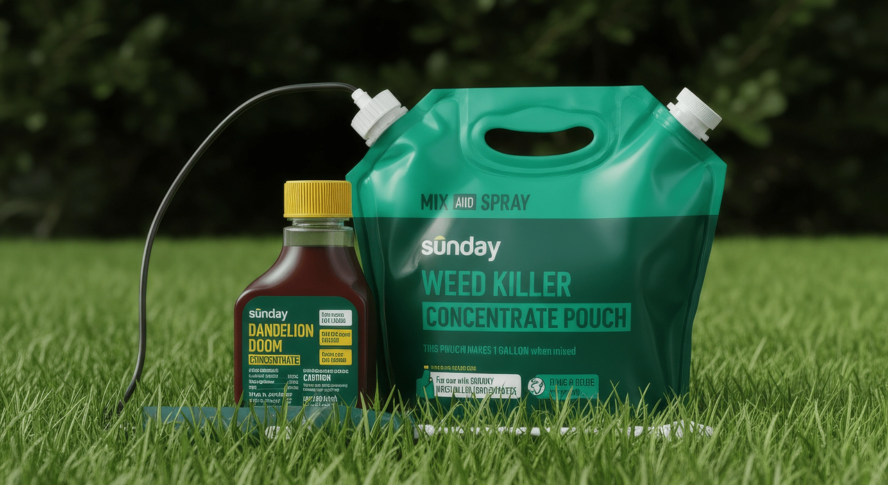 Sunday Dandelion Doom concentrate bottle and Weed Killer concentrate pouch with hose and spray wand displayed on grass with a blurred garden background.